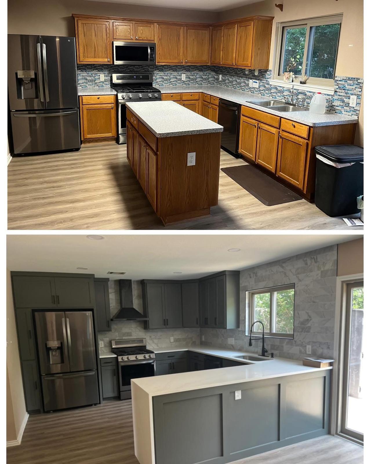 Before and after kitchen transformation with new grey cabinets and quartz countertops